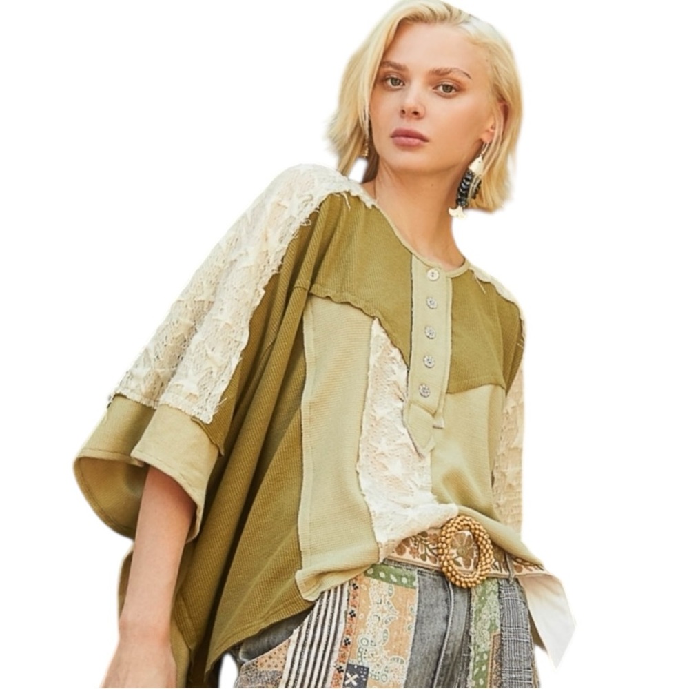 POL Olive and Cream Lace Blouse